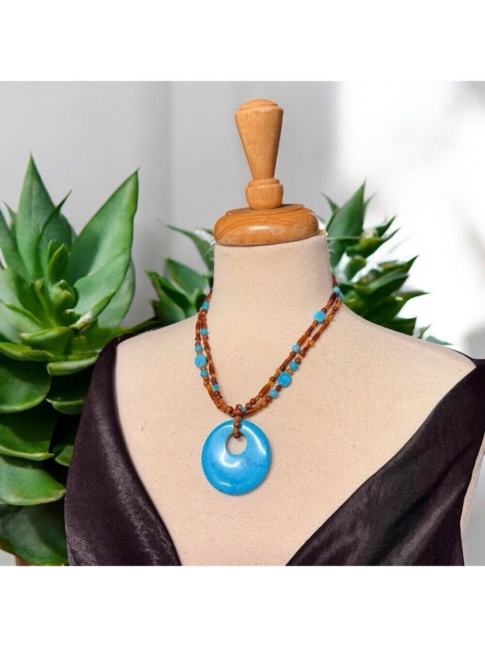 Vintage Howlite Wood Bead Necklace Boho Layered Pendant
